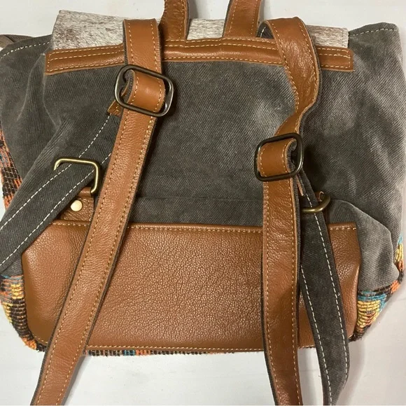 Myra Bag THE ARIZONA backpack purse upcycled leather hair on canvas - Picture 7 of 11